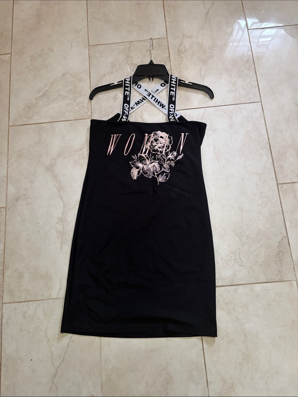 Black Casual Dress with Pink Floral Graphic and Logo Straps